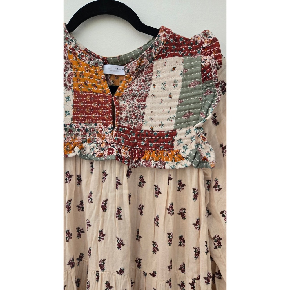 Zara Girls Floral Patchwork Tiered Dress Cream Boho Quilted Yoke Size11-12 152cm - Picture 3 of 7